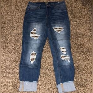 True Craft Juniors Ripped Cheetah Print Mid Rise Skinny Ankle Jeans Size 11